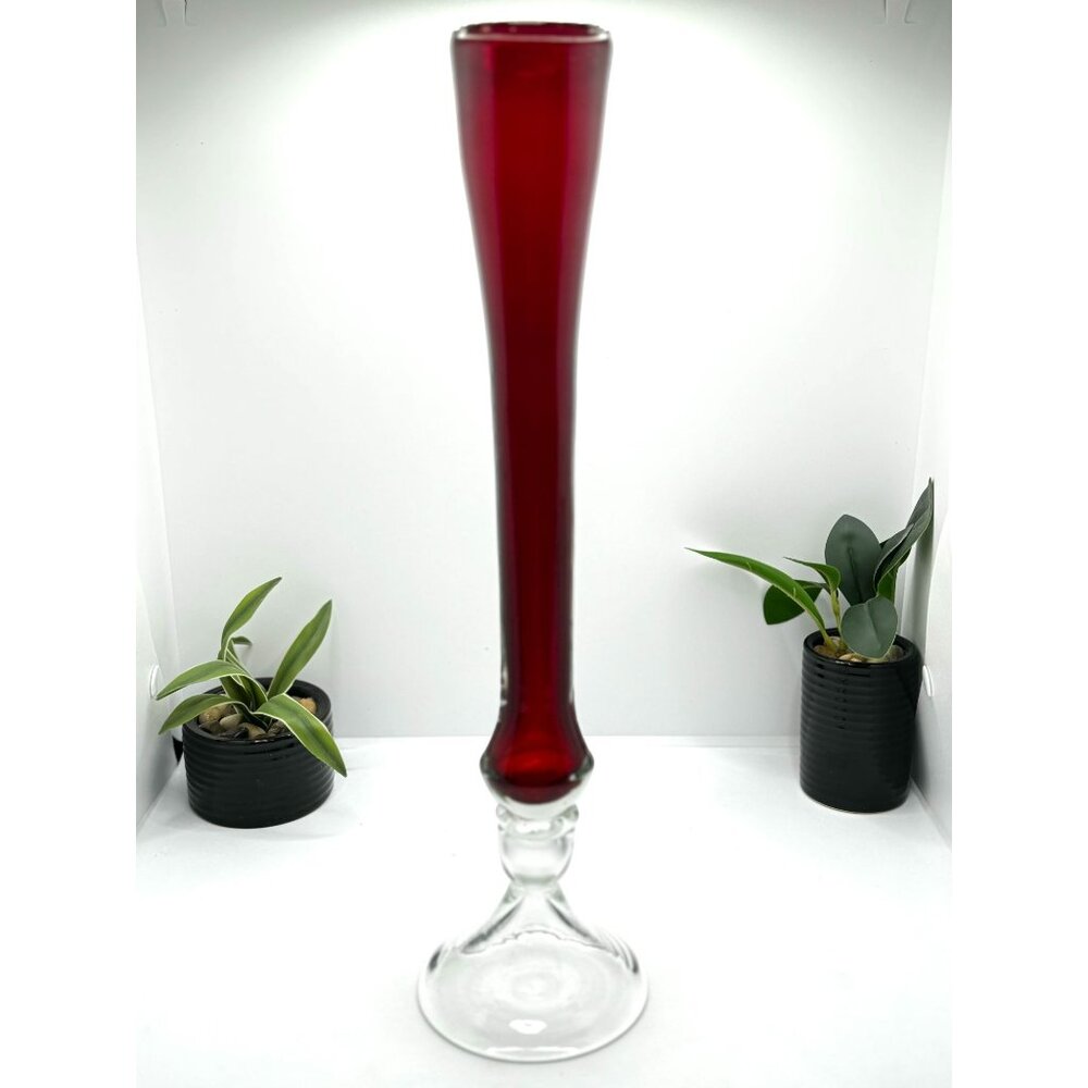 Tall Elegant Red & Clear Glass Vase For Home Decor Or Floral Arrangements